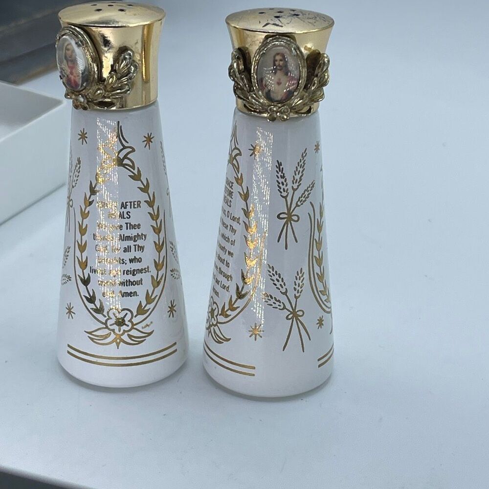 Vintage Jesus & Mary milk glass Grace before & after meals salt & pepper